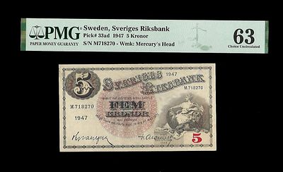 5 קרונות. מדינה : שוודיה שטר כסף רגיל שנה 1947 ערך : 5 קרונות גודל 121 × 70 מ"מ צורה מלבנית מדורג 63