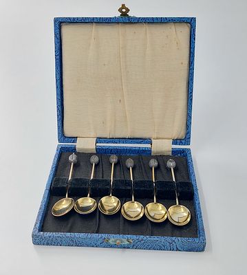 George VI Silver & Enamel Coffee Spoons. England 
Case of six silver and 