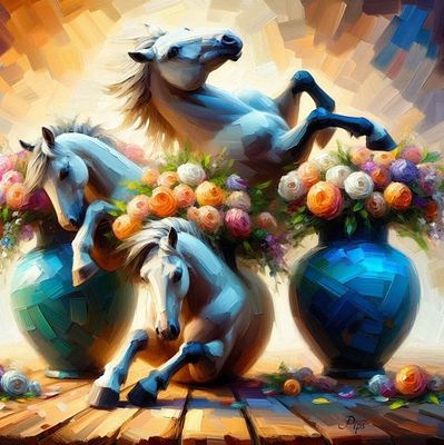 Horses. Print on canvas 
Copy 1 of 1 
80/80 cm 
Signed 
Framed