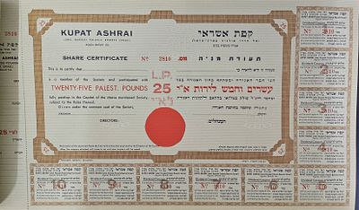 פנקס גדול של 50 תעודות מניה חברת "קפת אשראי" של חרדי פולניה בארץ ישראל - ירושלים שנות ה-30. נדיר 