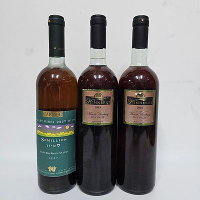 לוט שלושה בקבוקי אלכוהול. 
1. יין סמיון, יינות העמק - יקבי כרמל. 
יין לבן חצי יבש - 750 מ"ל 