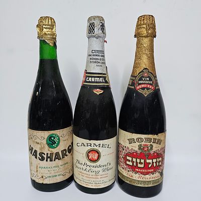 לוט שלושה בקבוקי אלכוהול. 
1. יין נתזים מזל טוב - צ'רלס רובין. 
750 מ"ל, עד 1006. 