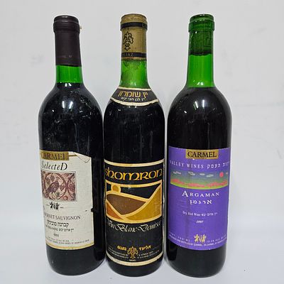 לוט שלושה בקבוקי אלכוהול. 
1. יין קברנה סוביניון - יקבי ציון. 
יין אדום יבש - 750 מ"ל, 12 