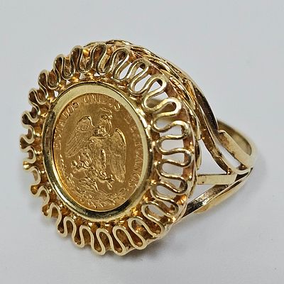 טבעת מזהב 14 קראט משובצת מטבע פזוס מזהב גבוה משקל הטבעת 5.62 גרם מידת הטבעת 5