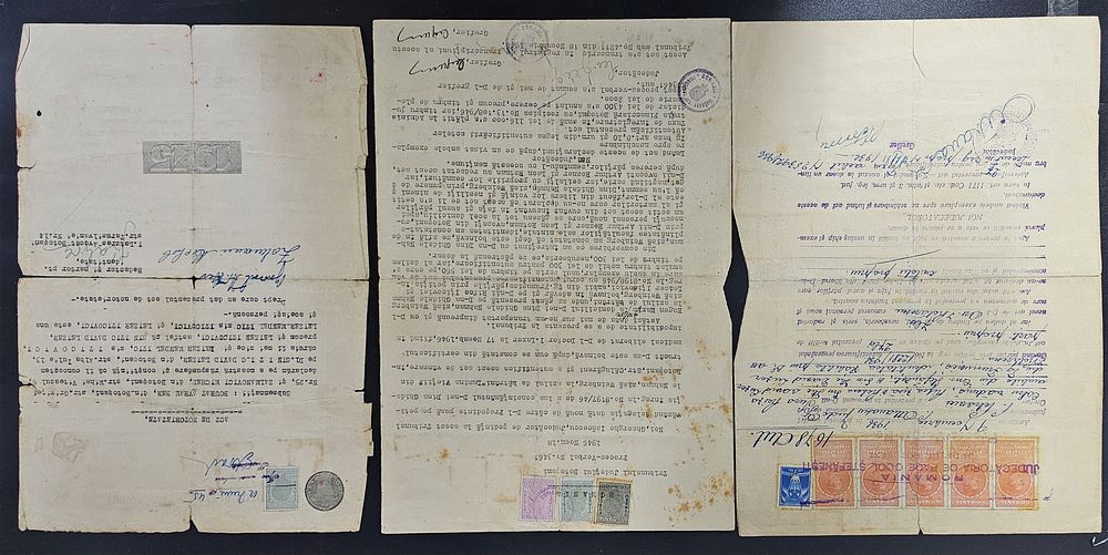 שלושה מסמכים משפטיים מהעיר בוטושאן (רומניה), תש"ה-תש"ו | 1945-1946. עם בולים רומניים. 
מצב כללי 