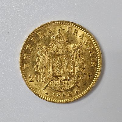 מטבע זהב - 20 פרנק 1868 "Rooster", צרפת משקל: 6.45 גרם, טוהר: 0.900, קוטר: 21 מ"מ,