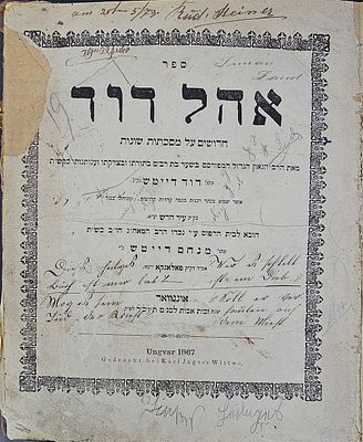 אהל דוד - אונגוואר תרכ"ז - חתימה "ראובן שטיינער" - רישומים בכתב יד. מאת רבי דוד דייטש. 
פגם קל 