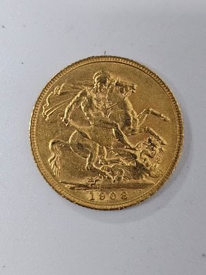 מטבע סוברין [ג'ורג] מזהב 916 במשקל 7.98 גרם שנת 1908