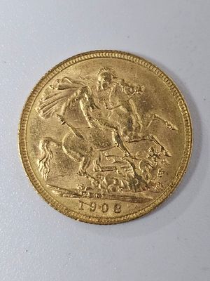 מטבע סוברין [ג'ורג] מזהב 916 במשקל 7.98 גרם שנת 1908