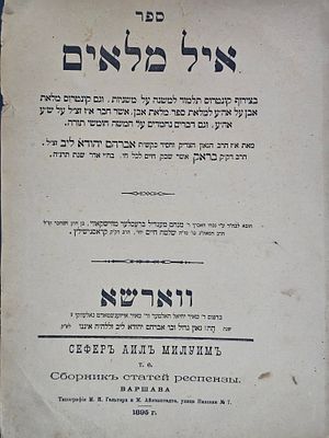 איל מלאים - ווארשא תרנ"ה | 1895. ספר איל מלאים על עניינים שונים ברמב"ם ובשלחן ערוך וכן על סוגיות 