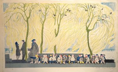 Лопухова Надежда. На прогулке. 1963 г. Бумага, цветная литография, 1/3. 49,5х80 см (размер листа).