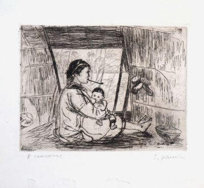 Эвенбах Евгения. В шалаше. 1962-1963 гг.Бумага, офорт. 17,5х23 см (размер листа 29,5х31 см). Ав 