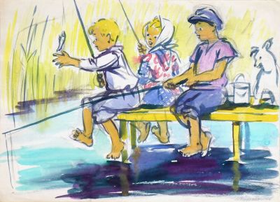 Бутрова Мария. Рыбаки. 1976 г. Бумага, акварель. 31х42,7 см. Авторская подпись находится на 