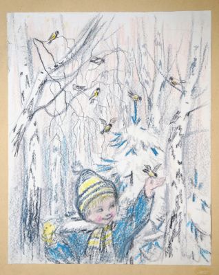 Бутрова Мария. Синички. 1960-е гг. Бумага, пастель. 39,5х32 см. Авторская подпись 