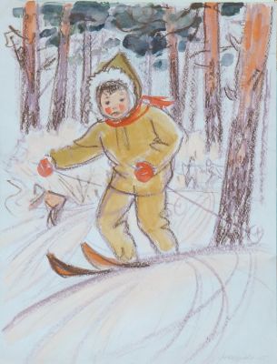 Бутрова Мария. В лесу (На лыжах). 1975 г. Бумага, пастель, акварель. 35х27 см. Авторская 