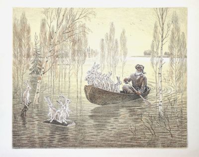 Емельянов Владимир. Дед Мазай и зайцы. 1985 г. Бумага, литография. 41х50,5 см (размер листа 47 