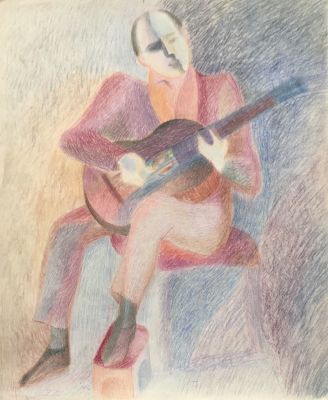 Глебова Татьяна. Гитарист. 1960-е гг. Бумага, карандаш, 48,2х40 см. Работа в хорошем состоянии 