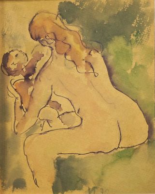 Иванов Игорь. Женщина с ребенком. 1970 г. Бумага, акварель, 24,5х19,5 см. Работа в хорошем 