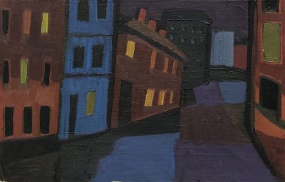 Митин Алексей. Двадцатое отделение милиции Петроградского района ночью. 
2018 г. Картон, масло. 