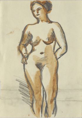 Шагин Владимир. Стоящая обнаженная. 1970-е гг. (?). Бумага, карандаш, акварель. 20,8х14,7 см. Ра 