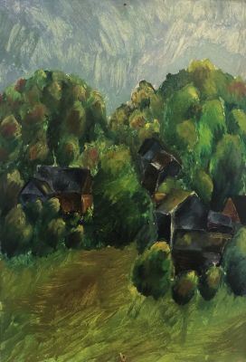 Медведев Андрей. Деревенский пейзаж. 1970-80-е гг. Картон, масло, 50х34 см. Работа в хорошем 