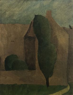 Медведев Андрей. Пейзаж с деревом. 1970-80-е гг. Холст на оргалите, масло, 39х30,5 см. Работа в 