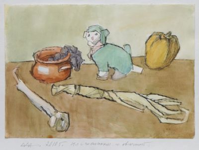 Иванов Михаил. Натюрморт с чесноком и овечкой. 2010 г. Бумага, акварель. 21,2х30 см. Работа в 