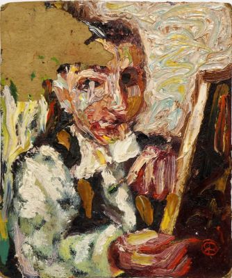 Яшке Владимир. Автопортрет (на обороте – Натюрморт с бутылкой). Картон, масло. 31,8х26,5 см. Ра 