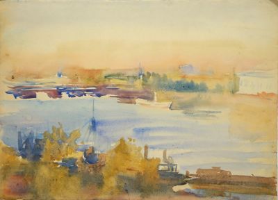 Белаковская Виктория. Пейзаж. 1946 г. Бумага, акварель. 32х44 см. Работа в хорошем состоянии 