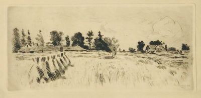 Воинов Всеволод. Пейзаж со стогами. 1936 г. Бумага, офорт. 12,5х26,5 см (лист 24,5х39,5 см). Раб 