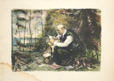 Загоскин Давид. Ленин в Разливе. 1939 г. Бумага, цветная литография. 31х44 см (лист 43,2х58 см). 