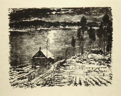 Штейнберг Сергей. Пейзаж. 1957 г. Бумага, автолитография. 19х24 см (лист 30х34,5 см). Работа в 