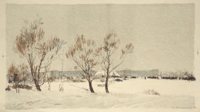 Масленникова Ирина. У стадиона им. Кирова. 1956 г. Бумага, цветная литография. 27х48 см (лист 