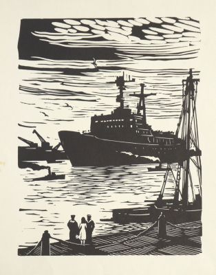 Ковалев Алексей. На набережной Ленинграда. 1960-е гг. Бумага, линогравюра. 28,5х22 см (лист 42 