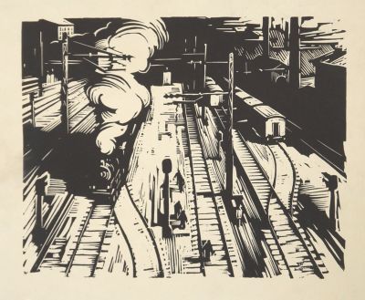 Ковалев Алексей. На станции. 1960-е гг. Бумага, линогравюра. 23х28,5 см (лист 35,5х46,5 см). Раб 