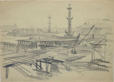 Герасимов Михаил. Строительство Биржевого моста. 1960 г. Бумага, карандаш. 29х40 см. Работа в 