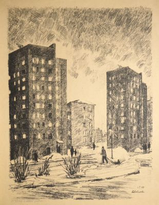 Любимова Антонина. Вечер в новом районе (Новостройки в Гавани). 1967 г. Бумага, автолитография. 