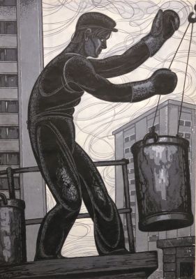 Лавров Петр. На стройке. 1972 г. Бумага, темпера. 68х48,5 см. Работа в хорошем состоянии, за 