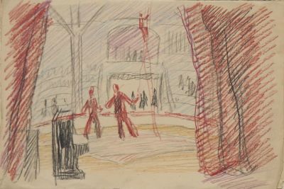 Титов Юрий. Репетиция (Серия &laquo;Цирк&raquo;). 1946 г. Бумага, цветные карандаши. 21,8х32 см. Работа в 