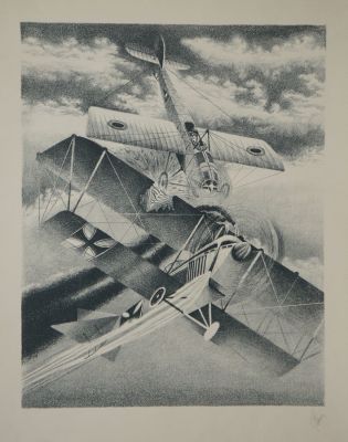 Грудинин Сергей. Подвиг Нестерова. 1988 г. Бумага, литография, 40х32 см (размер листа 55,4х43,8 см).