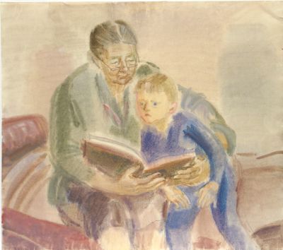Натаревич Елена. Бабушка и внук. 1980 г. Бумага, акварель. 44,5х50,5 см. Работа в хорошем 