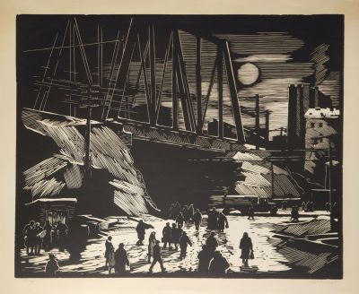 Ушин Андрей. Вечер. 1962 г. Бумага, линогравюра. 61,5х76 см (лист 75х96 см). Работа в хорошем 