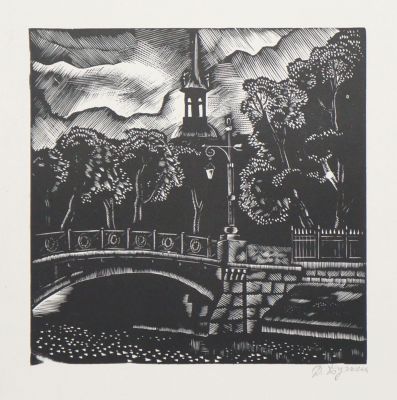 Бучкин Дмитрий. У Инженерного замка. Бумага, линогравюра. 15,5х15,5 см (лист 27,3х24,7 см). Рабо 