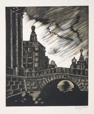 Бучкин Дмитрий. У Казанского собора. Бумага, линогравюра. 25,5х21,2 см (лист 37,8х30,7 см). Рабо 