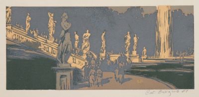 Вихарев Станислав. Петергоф. 1971 г. Бумага, цветная линогравюра. 13,2х29,5 см (лист 28х41,9 см). 