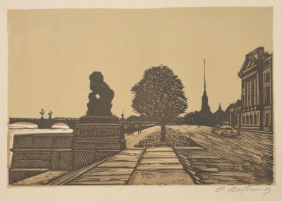Почтенный Олег. Ленинградский пейзаж. 1963 г. Бумага, линогравюра. 19,5х29,3 см (лист 27,6х37,4 см).