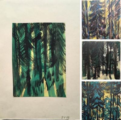 Ивлев Павел. Ель. Серия из 4 работ 1969 года. 
1.Бумага, акварель, 14,5х10,4 см. Подклеено на 