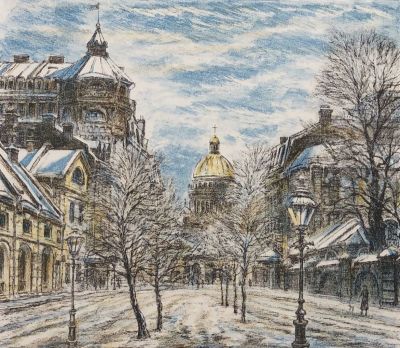 Блинов Валентин. Санкт-Петербург. Зима. 1980-е гг. Бумага, цветная литография. 24х28 см (размер 