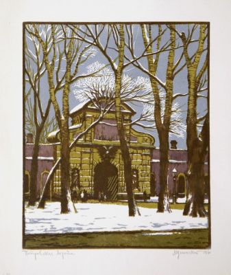 Успенский Михаил. Петровские ворота. 1960 г. (1990 г. на обороте). Бумага, цветная линогравюра 