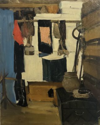Бриденко Ирина. Интерьер избы. 1980-е гг. Холст, масло. 50х40 см. Работа в хорошем состоянии 